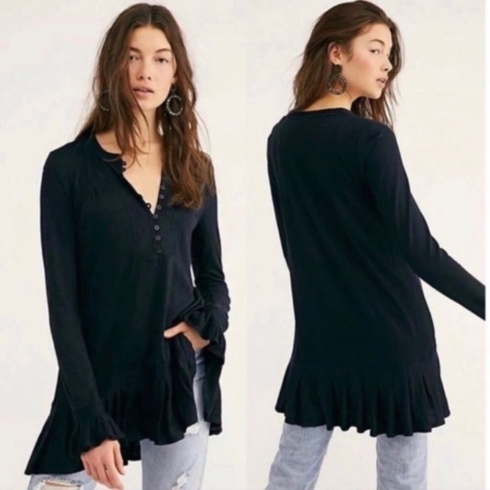 Free‎ People Black Your Girl Tunic Ruffle Hem Button Down Women S Boho Casual